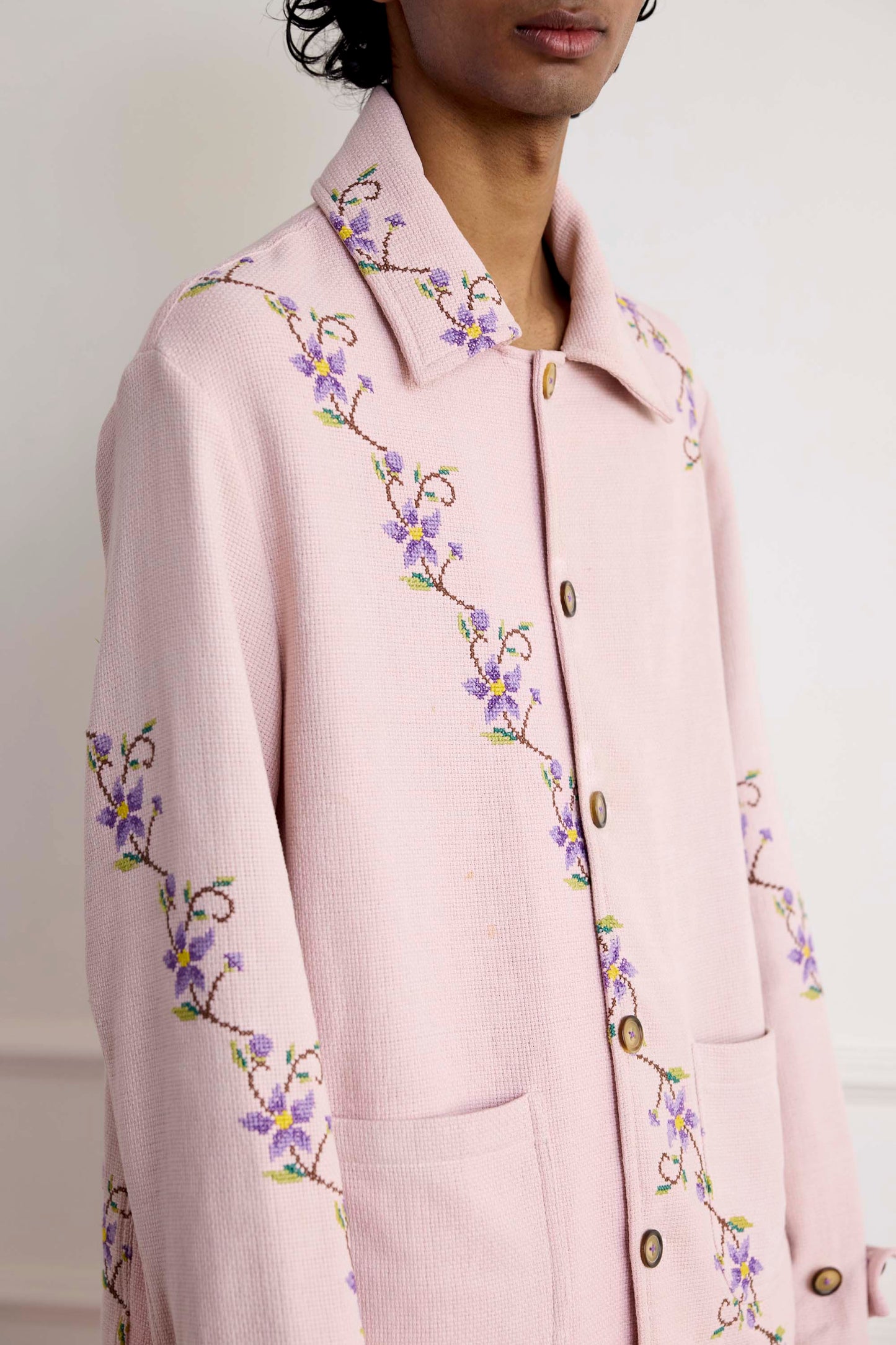 Vintage Floral Cross-Stitch Cotton Jacket