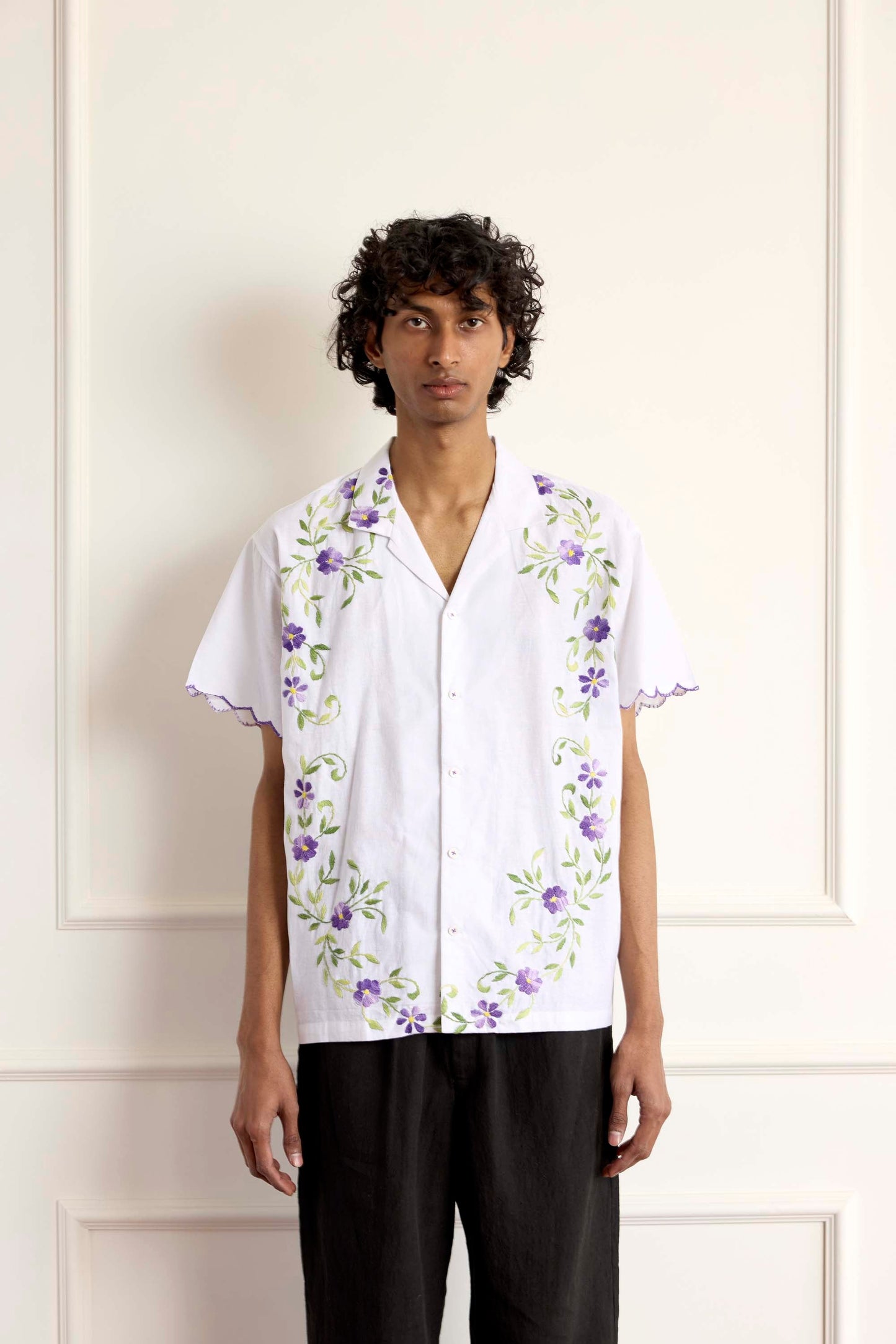 Purple Flower Embroidered Shirt